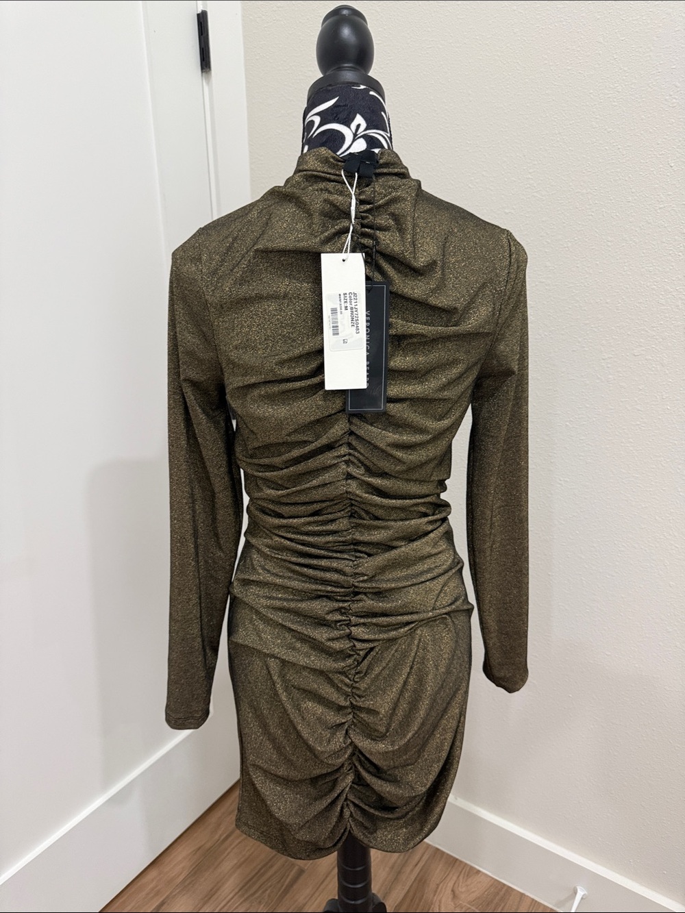 Veronica Beard Olive Metallic Ruched Long-Sleeve Mini Dress
